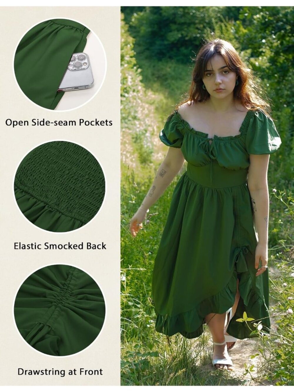 Women's Green Cottage Core Corset Ruffle With Pockets Costume Maxi Dress - Picture 4 of 6